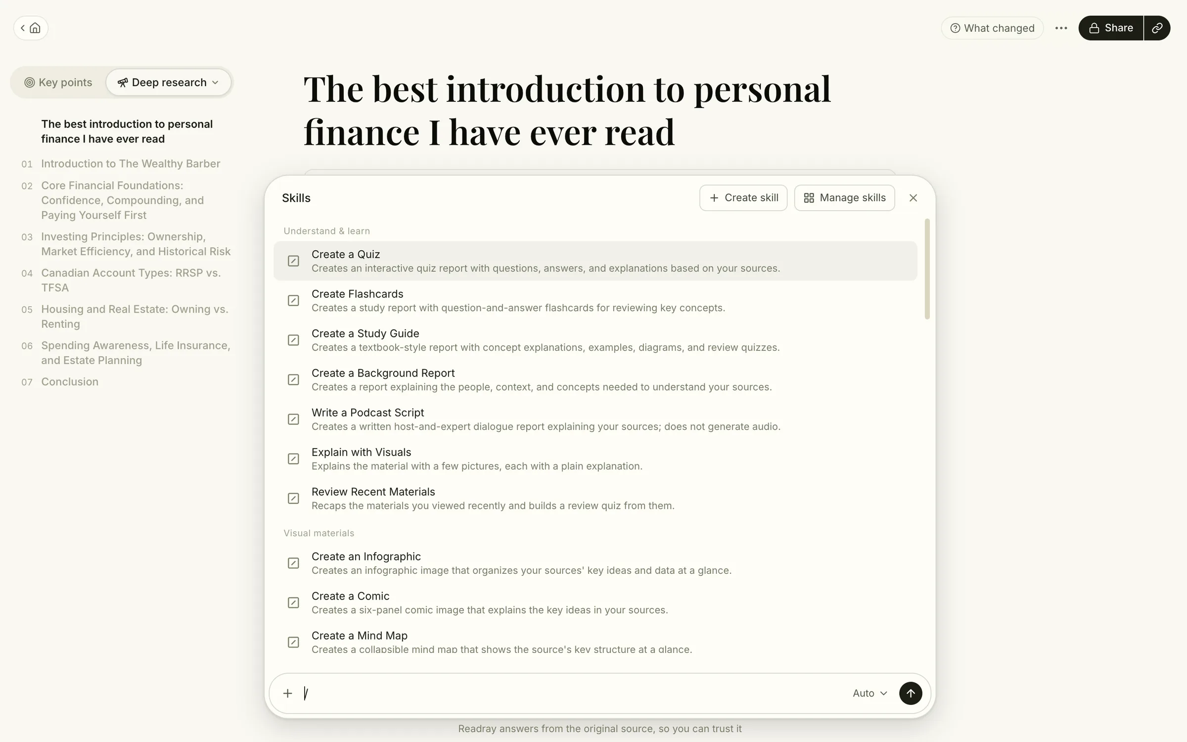 Former extended reports now live in chat as skills. Type / to pick one