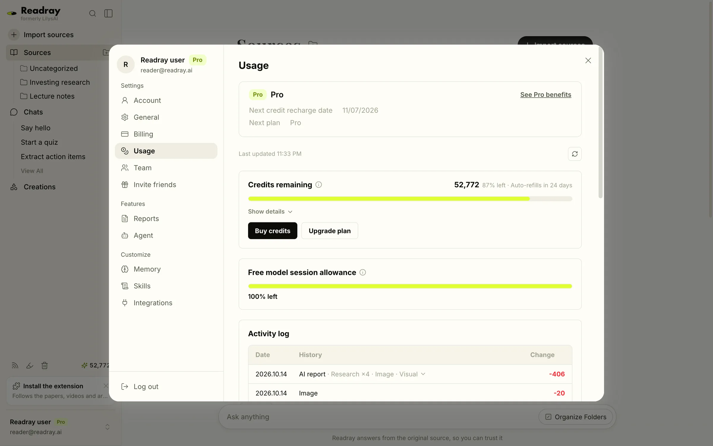 Checking your remaining credits on the Usage screen in Settings