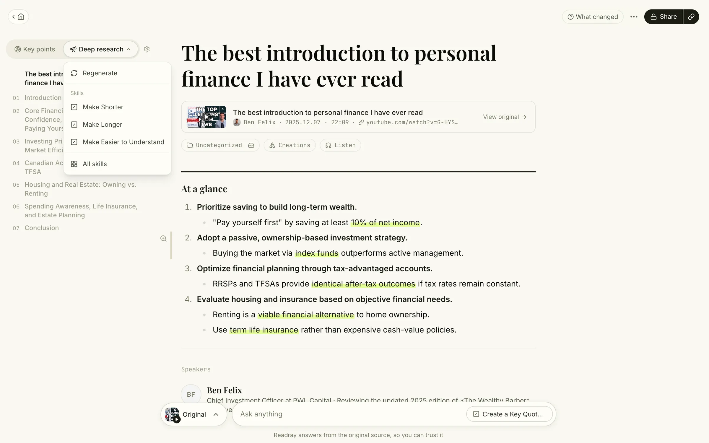 Switch between Key Points and Deep Research at the top of any report